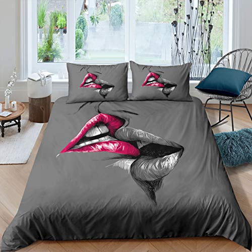 3D Print Duvet Cover Queen Size Love Bedding Set Pink And Gray Lips Kissing Pattern Comforter Cover Sexy Theme Bedding Decorative For Women Girls Lovers 3 Piece 1 Duvet Cover 2 Pillow Shams,Gray #TOP14