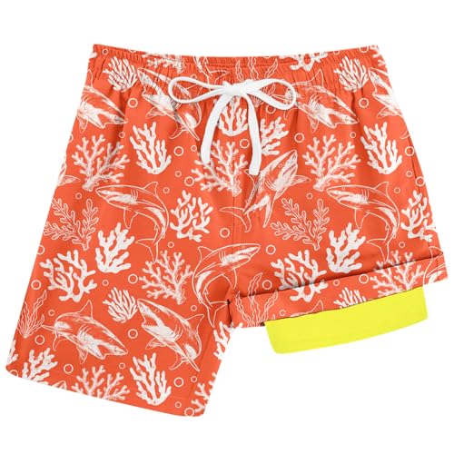 Cozople Swim Short for Boys Swimsuit Swim Trunk Swim Short Sharks Corals Seaweed Orange Compression Swimwear UPF Stretchy Bathing Suit Size 14-16