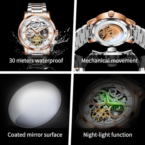 Image of OLEVS Automatic Men Watch Self Winding Mechanical Moon Phase Business Luxury Diamond Dress Stainless Steel Waterproof Luminous Mens Wrist Watch