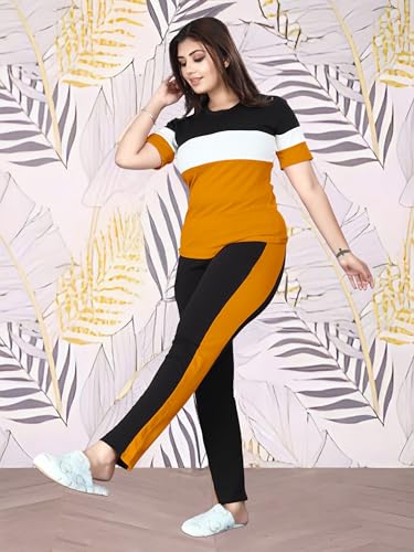 Image of Cotton Blend Tracksuits for Women Half Sleeves Round Neck Woman Workout T-shirt & Pant for Sports Comfortable and Breathable Gym Wear for Womens Tracksuit Set with Top & Bottom Pants