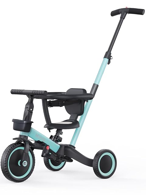 newyoo TR008 Triciclo Evolutivo 5 en 1 para Niños 1-3 Años con Barra de Seguridad y Varilla de Empuje, Regalo de Cumpleaños para Niños y Niñas, Bicicleta de Equilibrio y Juguete Montable, Azul
