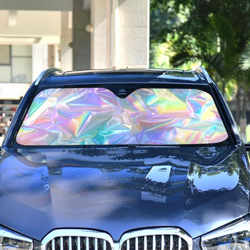 Holographic Rainbow Neon Windshield Sunshade Car Sun Shade Front Window Shade for Truck SUV Blocks UV Rays Sun Reflector Visor Protector Accordion Folding by ALAZA - Used condition - Image 2