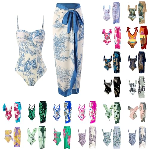 Maillot de bain 2 pièces femme imprimé floral vintage bohème et jupe paréo longue