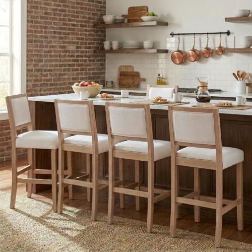 Butacos de altura para barra de 26 pulgadas, juego de 4 unidades en color beige con respaldo, asiento tapizado en lino y estructura de madera sólida para pub en casa, isla de cocina o barra desayunadora miniatura 1