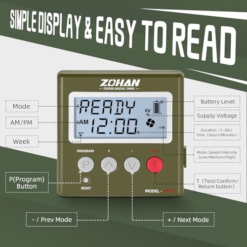 ZOHAN FT01 Deer Feeder Timer - Universal 6V/12V 24h Automatic Deer Feeder Kit, Quick Program Function, DIY 8 Feeding Schedules, Control Motor Speed & Feeding Time, for Hunting, Wildlife, Farm - Thumbnail 6