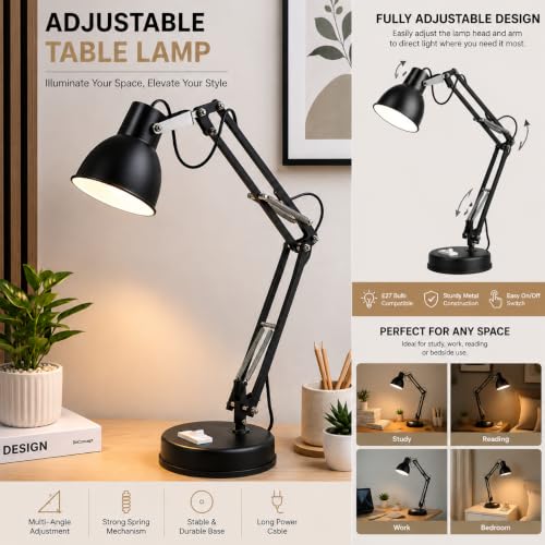 Image of AKR Matte Black LED Desk Lamp | Adjustable Swing Arm Study & Office Table Light with Stable Metal Body & Multi-Angle Design | Reading Lamp for Work Desk, Study Table & Home Use (Black)