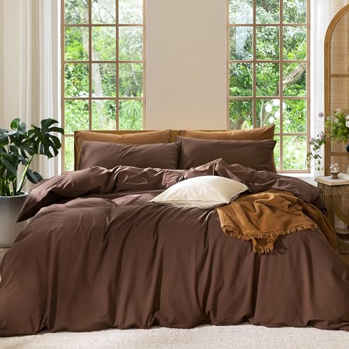 MooMee Bedding Duvet Cover Set 100% Washed Cotton Linen Like Textured Breathable Durable Soft Comfy (Solid Cocoa Brown, King 104