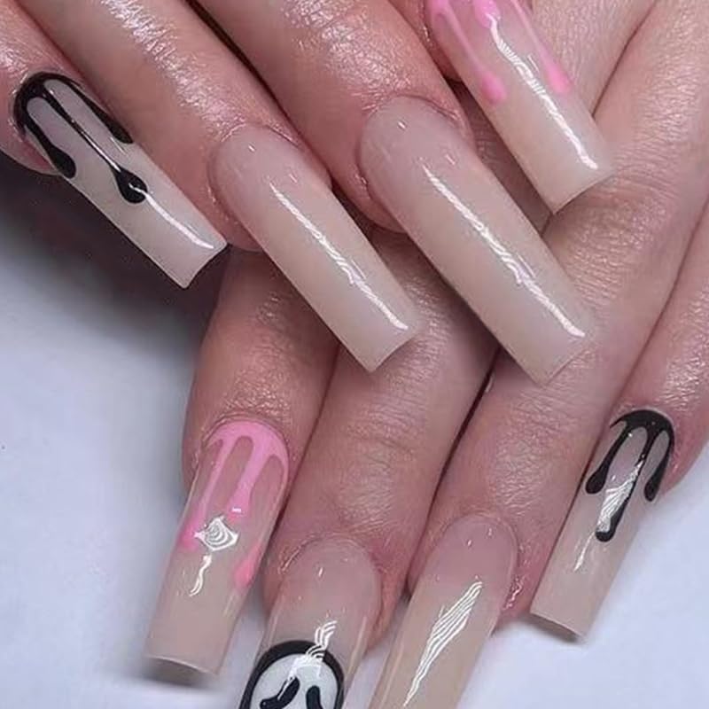 Uñas postizas largas a presión para Halloween, diseño de ataúd francés, con diseño de calavera y esqueleto, cobertura completa, color rosa y negro,