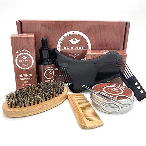 6pcs Beard Grooming Care Kit for Men Mustache Beard Oil Balm Wood Comb Brush Facial Nose Ear Hair Trimming Scissors & Beard Guide