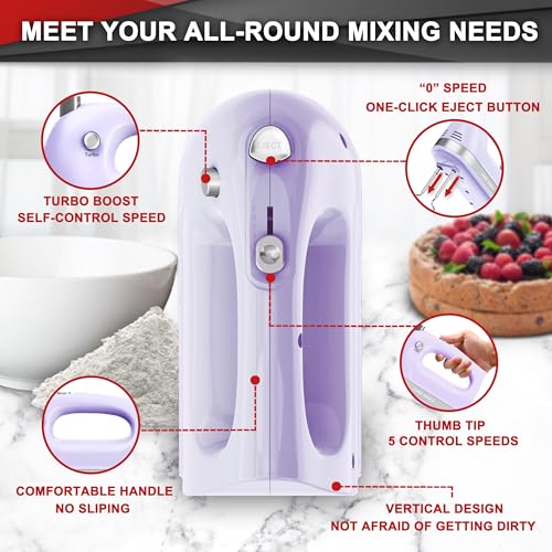 Image of Lord Eagle Hand Mixer Electric Handheld 400W, 5-Speed Lightweight Kitchen Mixer with Storage Case, 5 Stainless Steel Attachments for Baking Cake Egg Cream Food Beater, Turbo+Eject Button, Purple