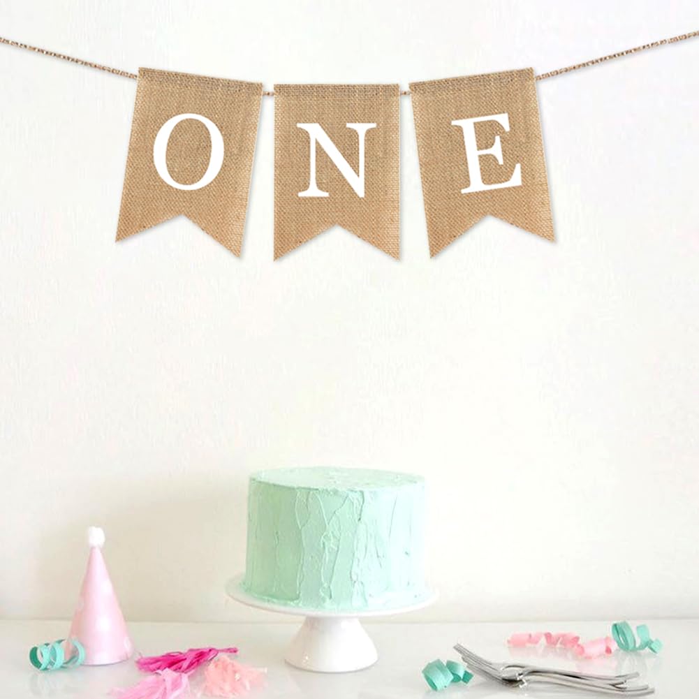Jute-Banner "One" Zum 1. Geburtstag - 3-teilig, Je 13,5x18,8 Cm, Vorgestanzt & Fertig Montiert
