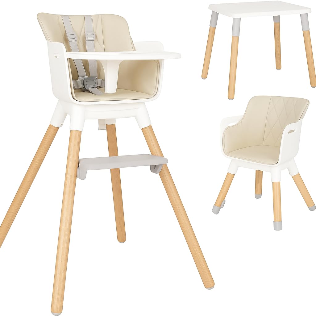 Olmitos – Trona bebé Convertible 2 en 1 Mesa con Silla para Niños KOMBO - Seguridad, Madera de Haya, Arnés de 5 Puntos, Plegable y Ajustable – 6+ meses hasta 15kg (Beige)