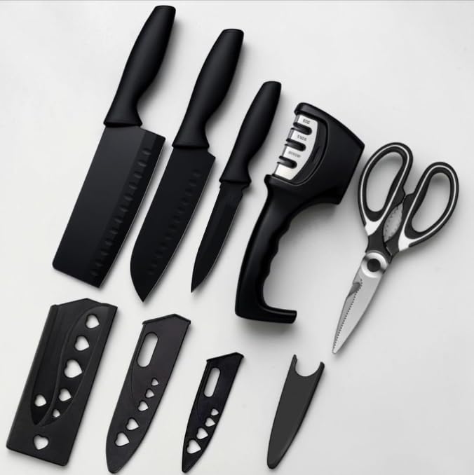 Image of VRIND'S ENTERPRISE Stainless Steel Chef Knife Set Meat Professional Knife with Sharp Blade with Ergonomic Handle Sharp Manual Sharpening Knives for Home Kitchen (5 Black)
