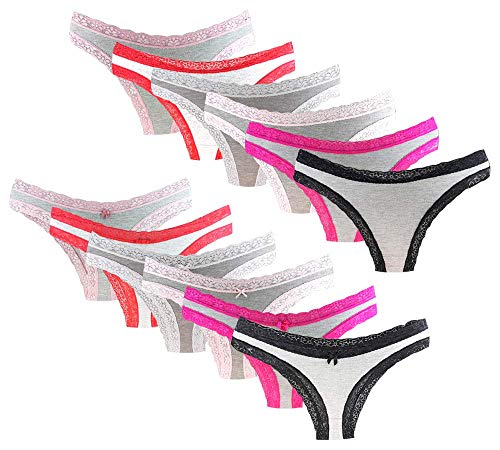 Kit 12 Calcinhas Tanga Algodão Suave Cinza Mescla Renda (M)