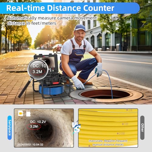 Image of Sanyipace Drain Camera 100FT /30M, 23mm /0.9in FHD Sewer Inspection Camera, 5X Zoom, Distance Counter, 9 inch IPS Screen, DVR & Voice Recorder, 32GB Card, for Sewer Line, Pipe, Duct, Plumbing, Plumber, Home