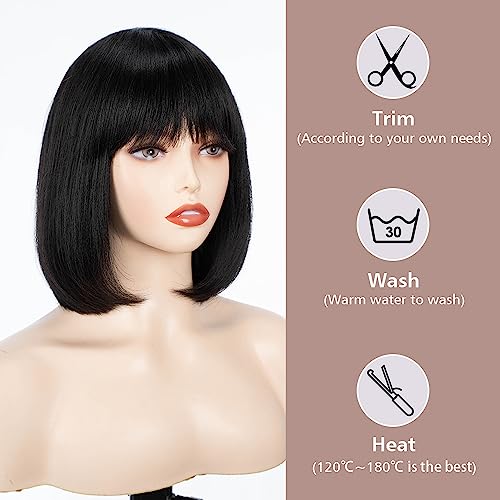 FASHION IDOL Bob Human Hair Wig with Bangs for Black Women Short Straight Hair 10 Inch Natural Black Glueless Machine Made Short Bob Wigs Wear and Go - Image 3