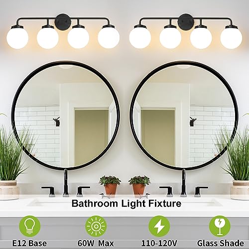 Image of Bathroom Light Fixtures 30.7in 4-Light Matte Black Vanity Lights for Mirror | Bathroom Lighting Fixtures over Mirror, ETL, Brushed Brass Wall Sconce, Dimmable E12 Base Max 60W, Milky Glass Ball Shades