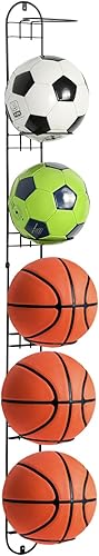 MyGift Modern Black Metal Sports Ball Storage Rack, Medicine Ball, Basketball, Soccer Ball, Volleyball Wall Holder for Gym or Garage