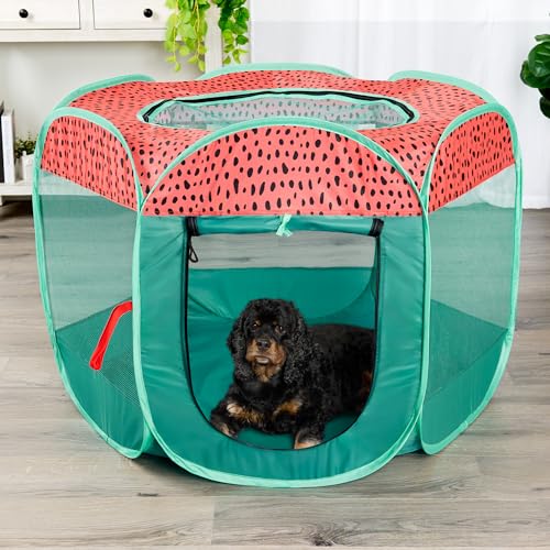 Image of Furhaven Portable Dog Playpen Cat Tent, Pet Playground,Kennel Foldable Indoor Outdoor Zippered Puppy Crate - Green & Pink, Medium