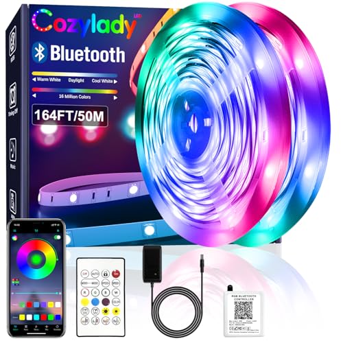 Bluetooth LED Strip Lights 50m, Cozylady 164FT LED RGB LED Light Strips Music Sync Color Changing APP Control Flexible String Lights for Home Kitchen Bar Bedroom Decor, Children's Room Decorations