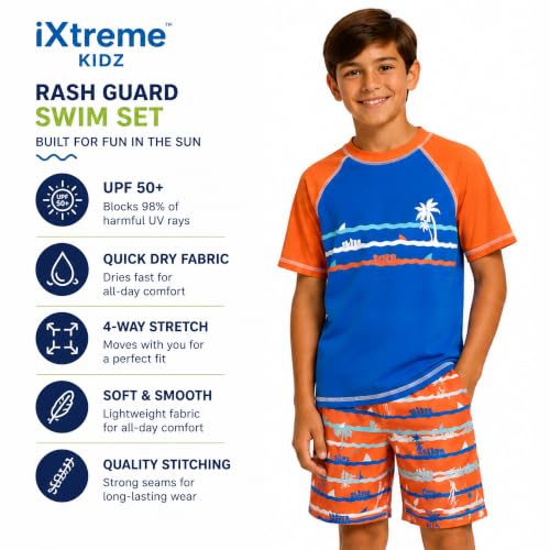 Image of iXtreme Boys Swim Set - 2 Piece Rash Guard Short Sleeve Swim Shirt and Boys Swim Trunks for Infants Toddlers & Big Boys
