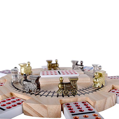 Rnk Gaming Mexican Train Dominoes Set Double 12 Color Dots With Wooden Hub 8 Metal Trains And Aluminum Case thumb #1