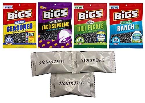 Pack of 14 (4 Flavors) Bigs Sunflower Seed Variety Pack. (Vlasic Dill Pickle, Taco Supreme, Hidden Valley Ranch, Old Bay Seasoned). Includes HolanDeli Mints