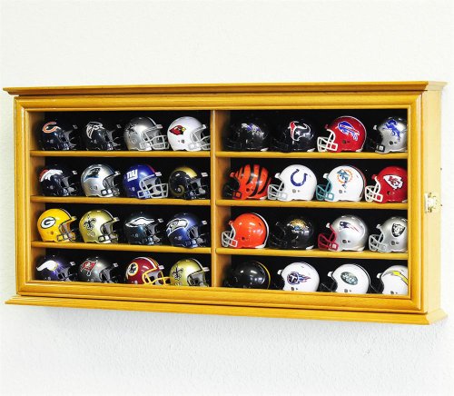 32 Pocket Pro Mini Helmet Display Case Cabinet Holders Rack w/UV Protection, Oak