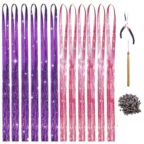 Pink Purple Hair Tinsel Kit with Tools Beads 2200 Strands 47 in Glitter Hair Extensions for Women Girls and Kids, Heat Proof Hair Accessories for Christmas Halloween Cosplay Party