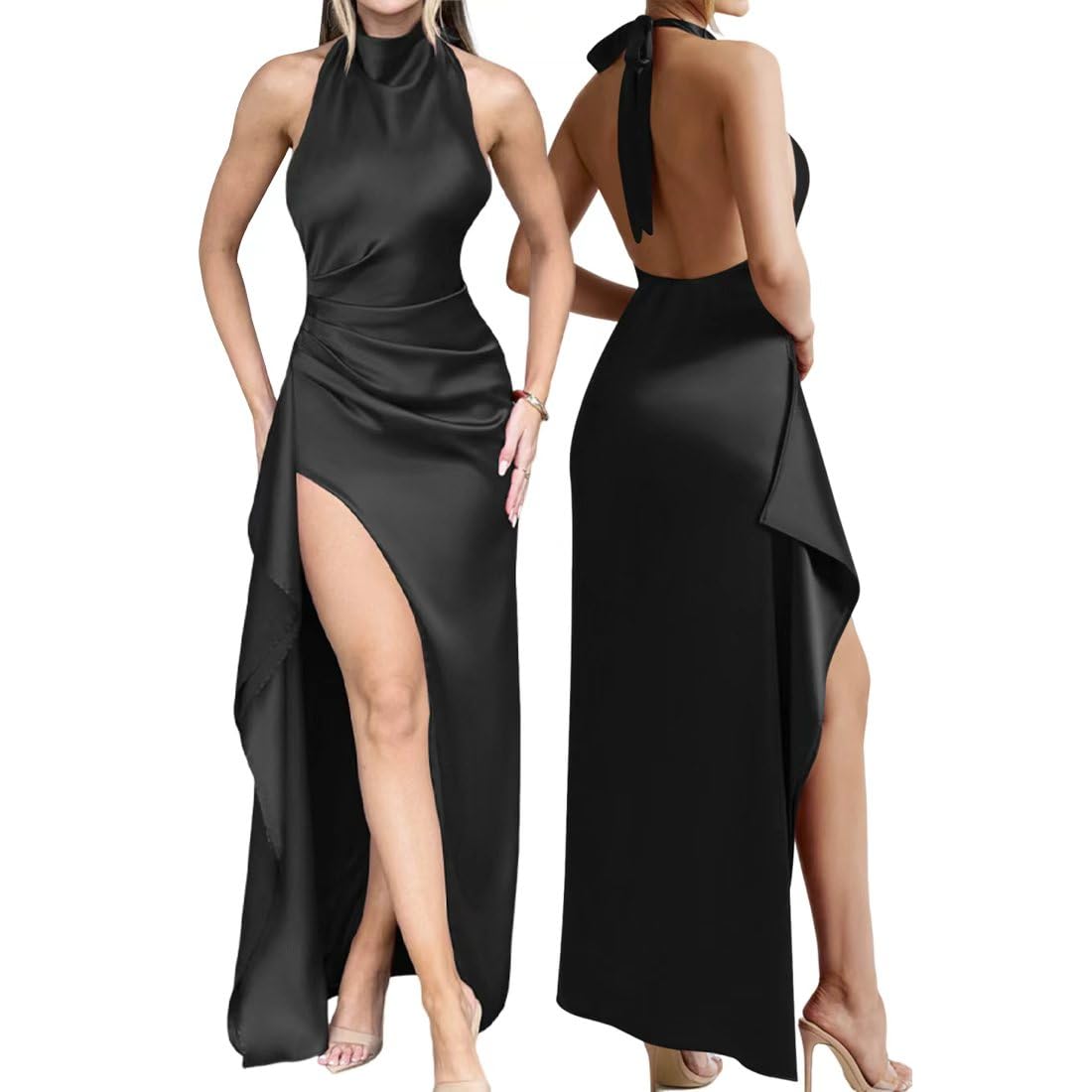 Vestito Lungo Donna Abito Maxi con Scollo Halter Senza Schienale Seta Elegante Vestiti da Cerimonia Senza Maniche Spacco Sexy Abito da Sera Festa Cocktail Banchetto Party Club