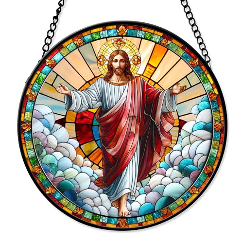 FIVITY 7.8'' Jesus Christ Suncatcher Stained Glass Window Hanging Christian Ornament Religious Sun Catcher Wall Home Living Room Decor Christmas Birthday Gifts for Women Men Mom Coworkers