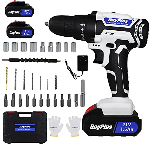 Qimu Cordless Power Drill Set,Electric Screwdriver Combi Drill Set with 2-Variable Speed,25+1 Torque 3/8'' Chuck Handheld Drills Driver with 2×1.5Ah Li-Ion Batteries,Charger,26PCS Drill Bits,1 Kitbox