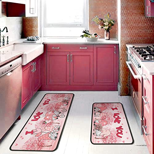 Valentines Day Gnome Kitchen Rugs Set 2Pcs I Love You Heart Kitchen Floor Rug And Mat Non Skid Waterproof Kitchen Rug Standing Area Mat For Anniversary Wedding Holiday Indoor Decor 17"X47"+17"X30" #TOP2