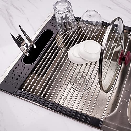 Nihome 17.3’’X15.3’’ Roll Up Dish Drying Rack With Side Utensil Holder Tray Over Sink Detachable Foldable Collapsible Stainless Steel Multipurpose Kitchen Drainer (Black) #TOP17