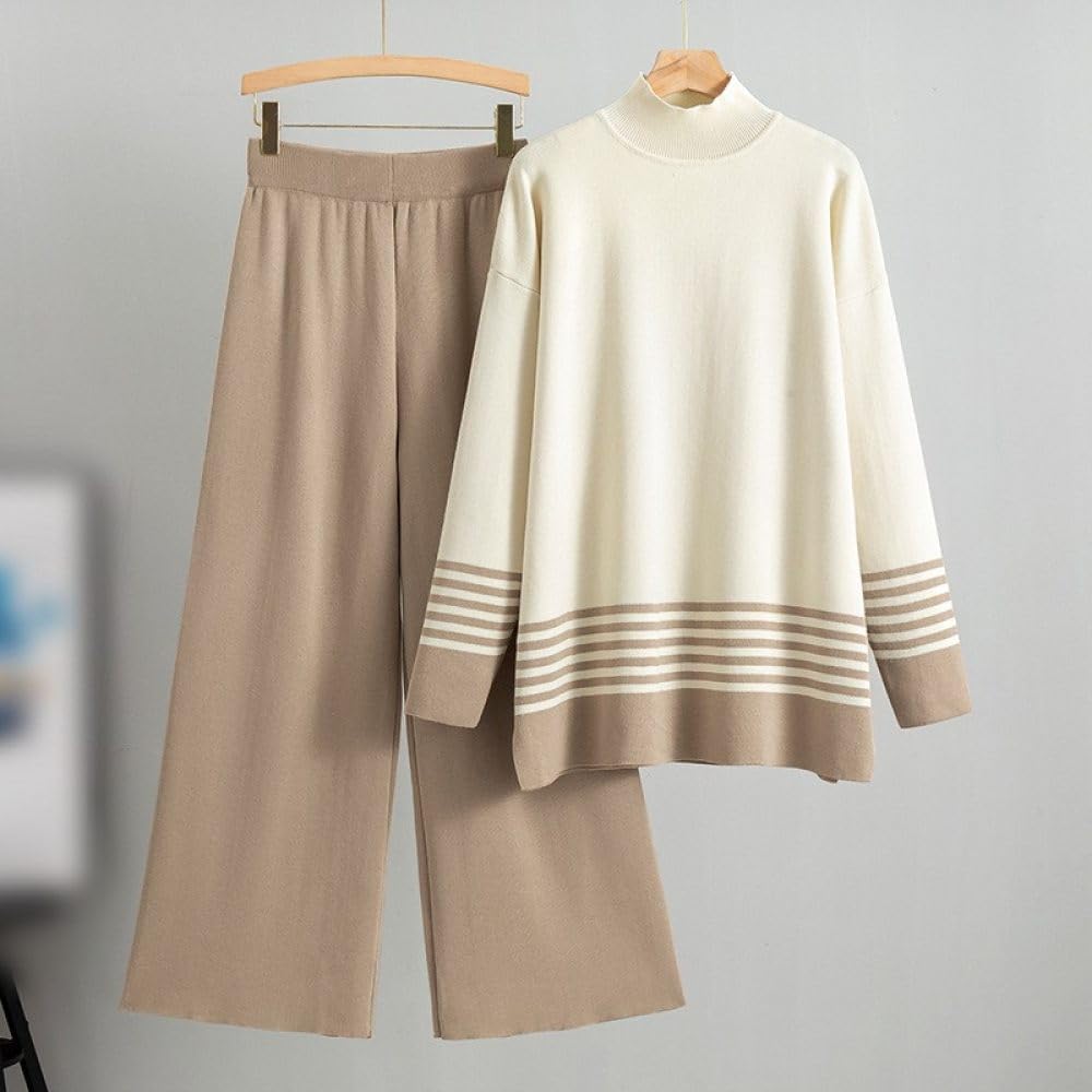 Strick Outfit Für Damen, 2 Teilig, Strickpullover Für Damen Mit Stehkragen, Farbblock Pullover Und Hose Mit Weitem Bein, Pullover Trainingsanzug, Gemütliche Lounge Kleidung Für Damen