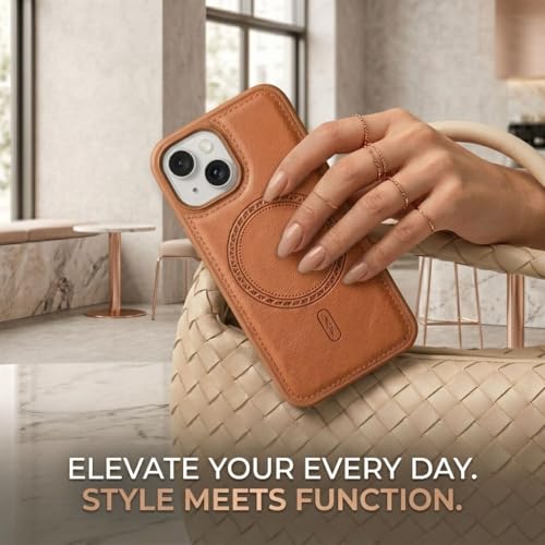 Image of amazon basics Premium PU Leather Case for iPhone 14, MagSafe Compatible Magnetic Ring, Sleek Protective Back Cover - [Tan]