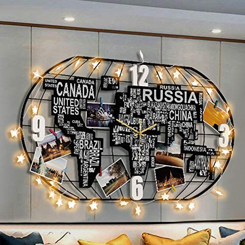 Grande Del Metal Reloj De Pared Movimiento Silencioso, Mapa Mundial DIY 3D Del Arte Del Reloj Negro Con Luz LED Crafts, Reloj Decorativo De La Sala De Estar, Dormitorio, Oficina,100 * 52cm