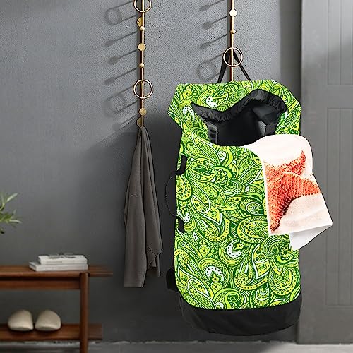 Green Paisley Leaves Laundry Bag Backpack Bags Mesh Wash Laundry Bags Dirty Clothes Organizer For College Dorm Room Essentials For Girls #TOP4