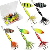 Spinner Baits Bass Lures Rooster Feather Tail Trout Lures Hard Metal Inline Spinner Bait Fishing Lure for Bass Salmon Trout (5pcs Spinnerbaits Kit)