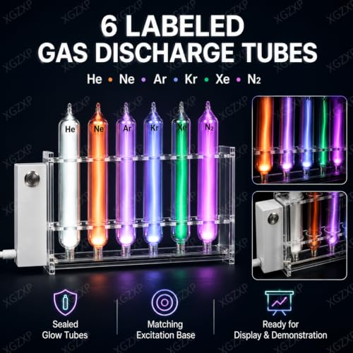 Vhewq Noble Gas Glow Tubes Set, Sealed Gas Discharge Tube Set with Excitation Base, Sealed He, Ne, Ar, Kr, Xe and N₂ Glow Tubes for Physics Demonstrations, Stem Display and Collection - Image 2