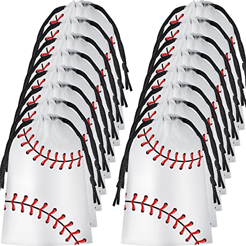Flutesan 50 Pack 6 x 8 Inch Drawstring Baseball Party Favor Bags Plastic Baseball Snack Goodie Bags Gift Packaging Storage for Birthday Sports Theme Party Supplies