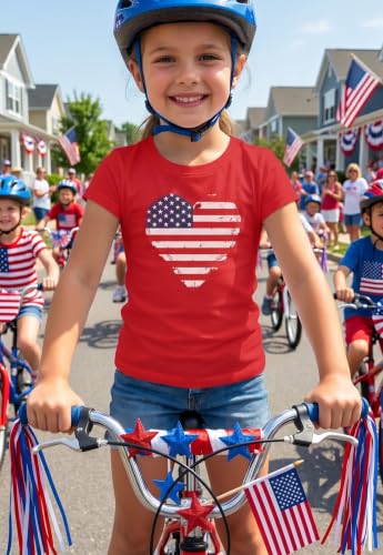 Image of Tstars Fitted Tee for Girls 4th of July Shirt | Patriotic American Cute Kids Heart Graphic Horse T-Shirt