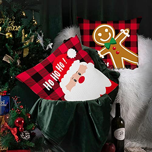 Gearoot Set Of 4 Buffalo Plaid Christmas Pillow Covers 18X18 With 4 Bonus Coasters, Cartoon Snowman Santa Deer Plaid Throw Pillow Cover Cute Cushion Case For Couch Home Decor #TOP2