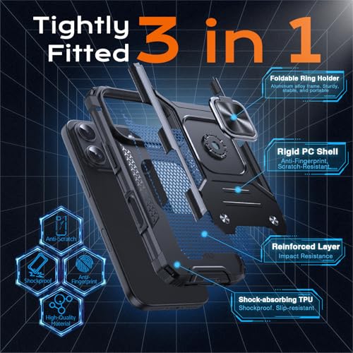 Image of Anqrp Heavy Duty Case for iPhone 17 Pro Case with Enhanced Ring Holder Grip Stand, Military Grade Shockproof Rugged Drop Protective Silicone Hard Slim iPhone 17 Pro Phone Case Cover, Matte Black