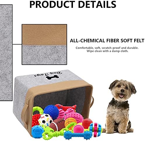 Geyecete Dog Toys Box Storage Bins Basket-Pet Toy and Accessory Storage Bin,Foldable felt Organizer Storage Basket for Pet Toys,Blankets-Light Gray/Khaki