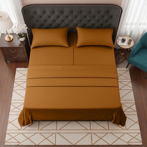 Image of Elegant Comfort Luxurious 1500 Premium Hotel Quality Microfiber Three Line Embroidered Softest 5-Piece Bed Sheet Set, Wrinkle and Fade Resistant, Split King, Bronze