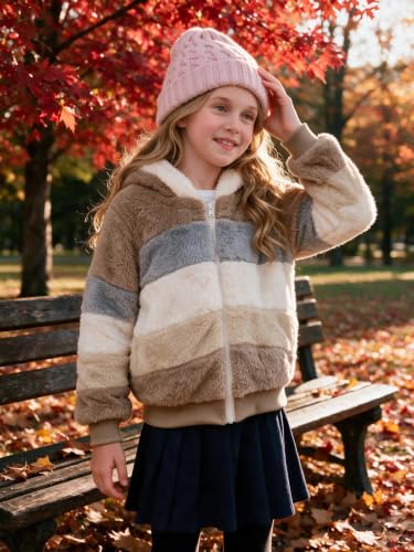 Image of Girls Fleece Jackets Kids Sherpa Fuzzy Zip up Hoodie Fall Winter Contrast color Pullover Sweatshirt 4-12 Years