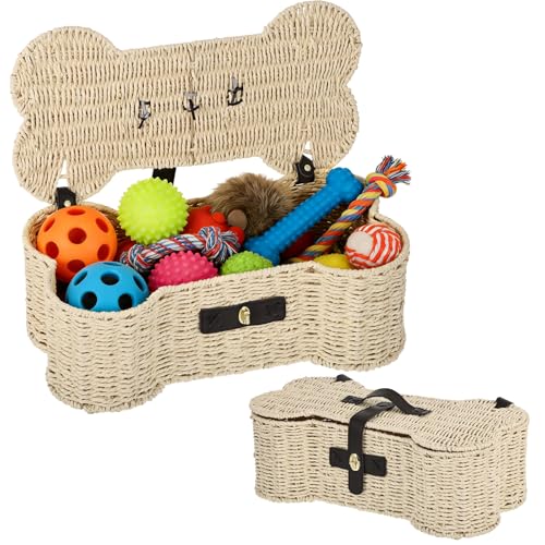 Hlimior Bone Shaped Storage Basket Large Dog Toy Basket with Lid and Handles Dog Toy Bin Wicker Woven Bone Pet Organizer for Storing Frisbee Blankets Treats Pet Supplies