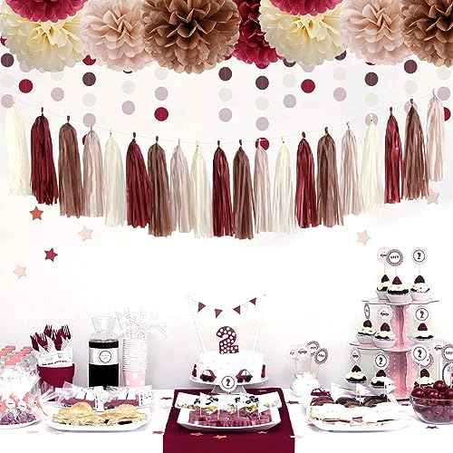 Image of Brown Burgundy Champagne-Gold Party-Decorations - 30pcs Rustic Boho Wedding Tissue Pom-Poms Streamers ,Fall Autumn Tassel Garland Banner,Birthday Baby Bridal Shower Engagement Decor Lasting Surprise