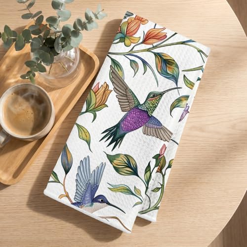 Image of 4Pcs Vibrant Watercolor Hummingbird Kitchen Towels, Artistic Floral Decorative Absorbent Microfiber Dish Cloth Tea Towel, Waffle Hand Towels for Farmhouse Home Bathroom, Bird Lover Gifts